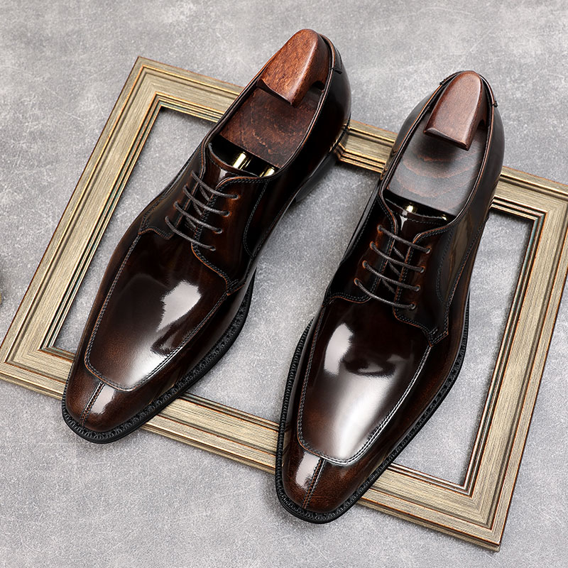 ITALIAN HIGH-END HANDMADE GOODYEAR LACE-UP LEATHER SHOES MENS BUSINESS FORMAL WEAR LEATHER YOUTH SQUARE TOE DERBY SHOES WEDDING SHOES