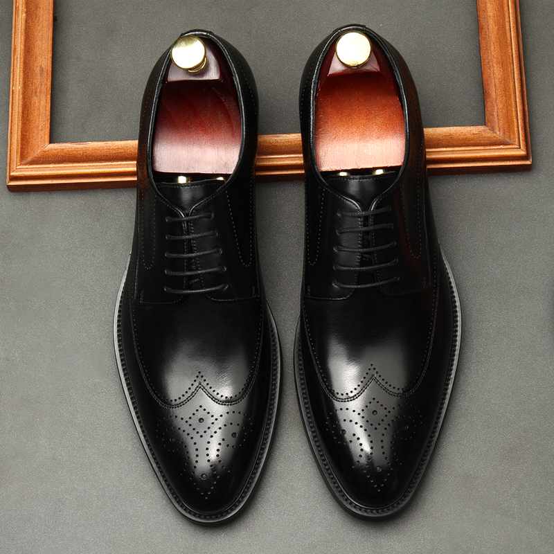 BULLOCK MENS SHOES NEW SPRING TREND MENS POINTED TOE SHOES GENUINE LEATHER SINGLE SHOES BUSINESS FORMAL WEAR WEDDING LEATHER SHOES MEN