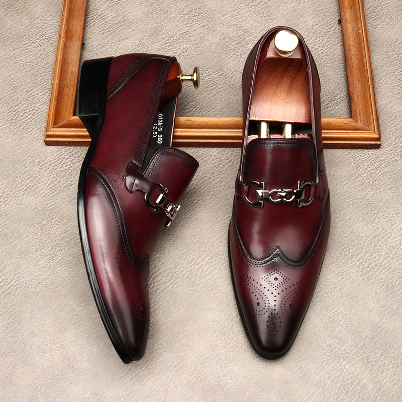 HORSEBIT NEW BROGUE CARVED LEATHER SHOES POINTED-TOE SLIP-ONS MENS BRITISH BUSINESS FORMAL WEAR TREND DERBY SHOES