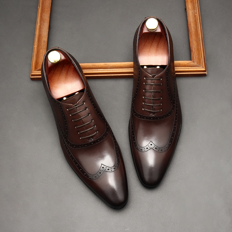FALL 2021 NEW MENS BUSINESS SHOES GENUINE LEATHER CARVED SHOES MENS FORMAL DERBY SHOES POINTED-TOE WEDDING SHOES