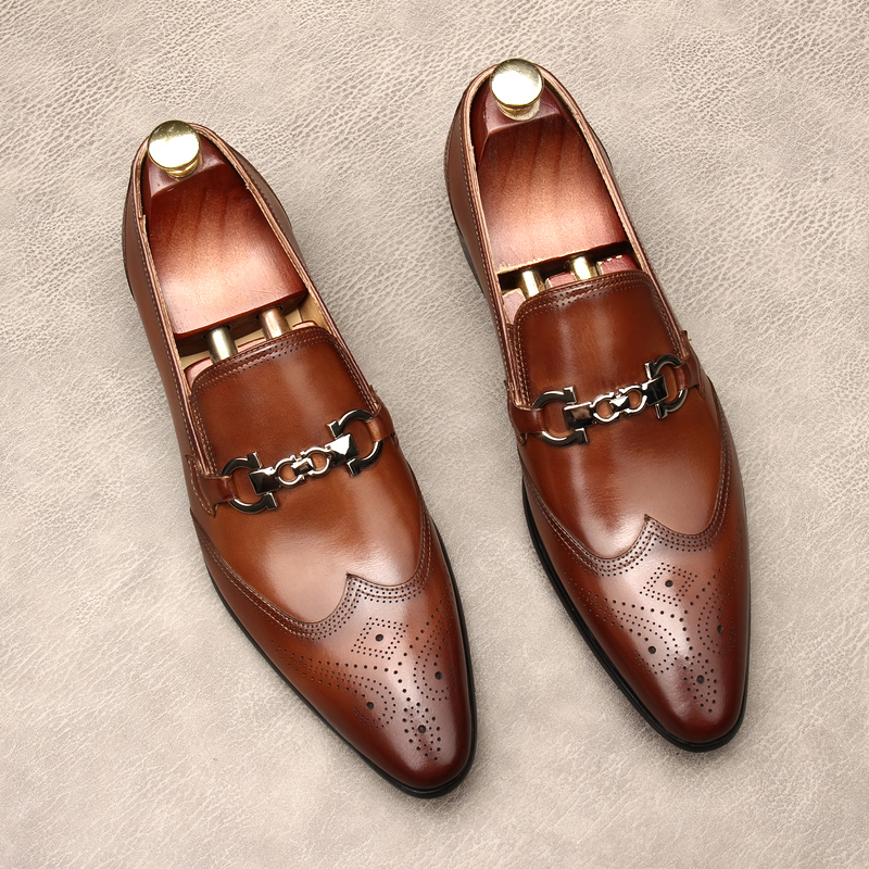 HORSEBIT NEW BROGUE CARVED LEATHER SHOES POINTED-TOE SLIP-ONS MENS BRITISH BUSINESS FORMAL WEAR TREND DERBY SHOES