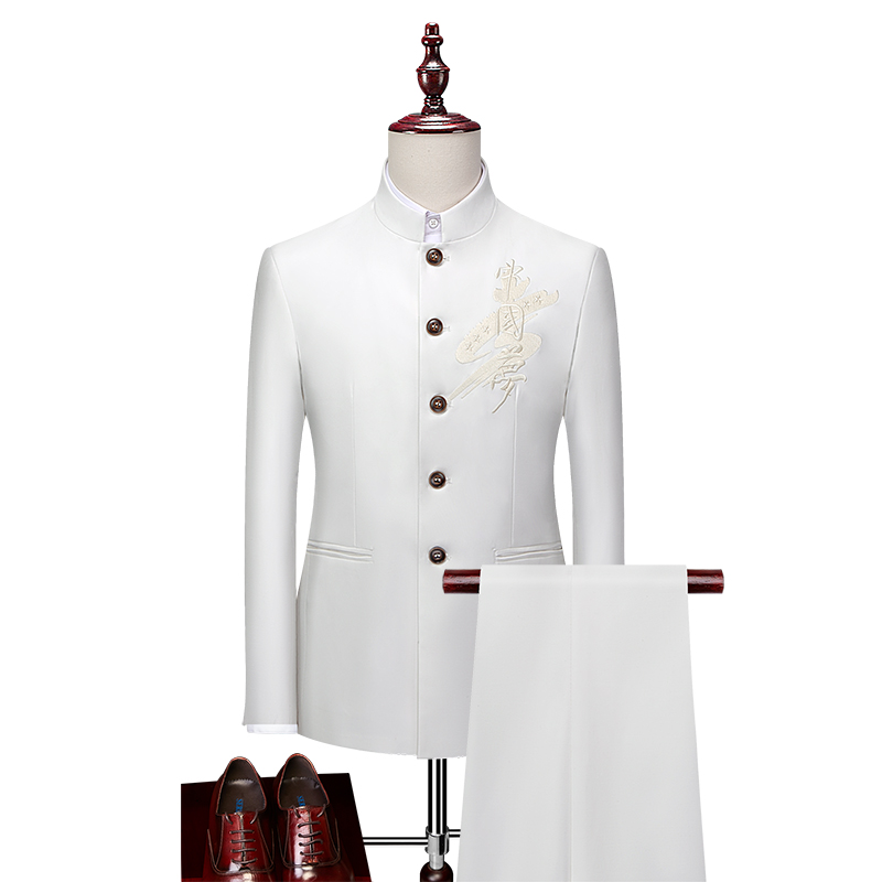 MENS CASUAL BUSINESS SUIT STAND COLLAR ZHONGSHAN XZ103-203 TWO-PIECE SET-P135 WHITE