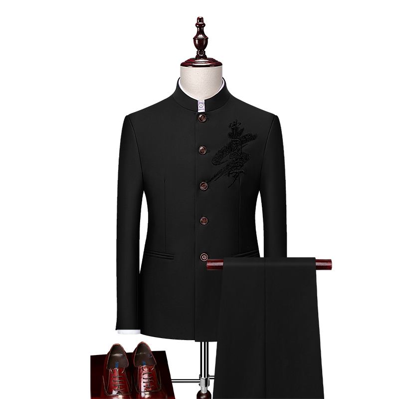 MENS CASUAL BUSINESS SUIT STAND COLLAR TUNICS XZ103-206 TWO-PIECE SET-P135 BLACK
