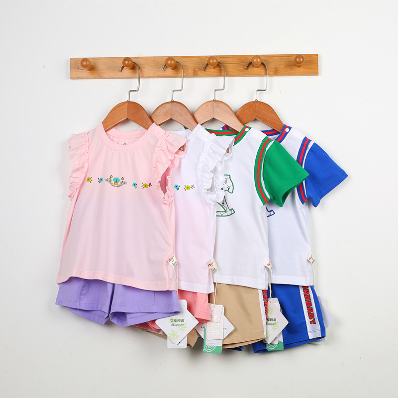 LUXUAN BEIBEI SUMMER MO COTTON SHORT SLEEVE SHOULDER BUTTON UNDERWEAR SET THIN PULLOVER PAJAMAS BABY CHILDREN UNDERWEAR AT HOME