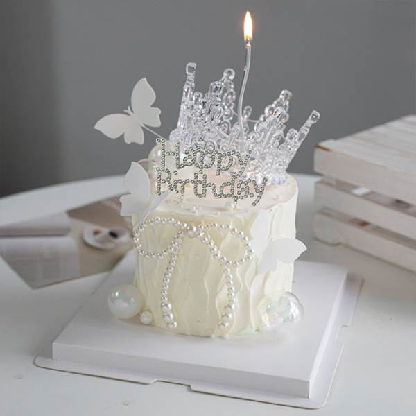 仙女蛋糕装饰珍珠蝴蝶结水晶皇冠摆件钻石HB插件女神生日快乐装扮