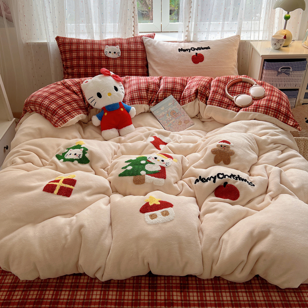 圣诞猫咪毛巾绣牛奶绒四件套秋冬保暖双面绒珊瑚绒被套软糯床单