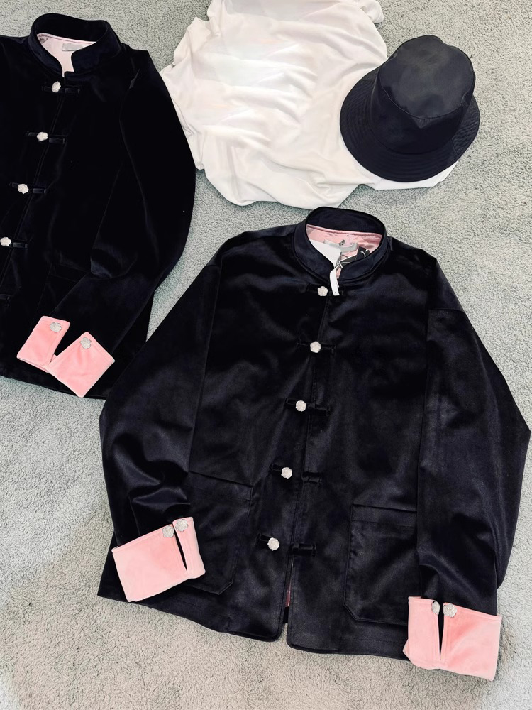 새로운 중국 스타일 국가 동향 디자인 난초 실버 버튼 재킷 남자 가을 느슨한 검은 팬 벨벳 당나라 정장 커플 재킷