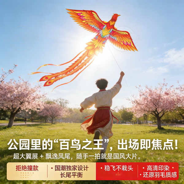 2026年春季新款潍坊风筝大型国潮创意长尾巴飘带凤凰微风易飞纸鸢