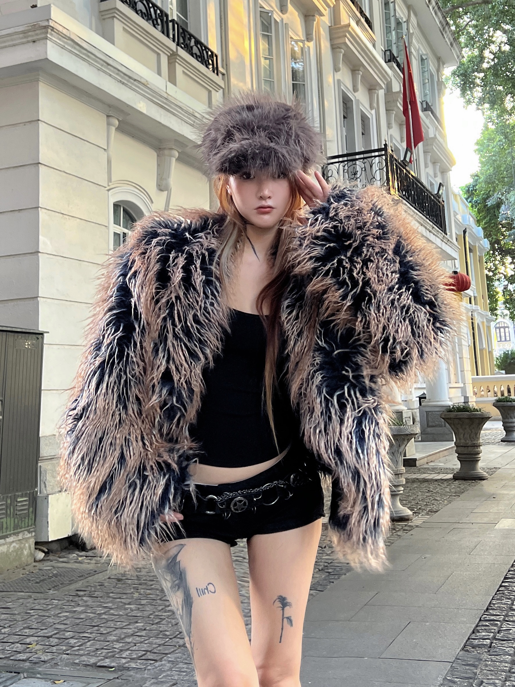 HOT GIRL RETRO SUBCULTURE 모피 타이다이 양고기 모피 양면 모피 코트