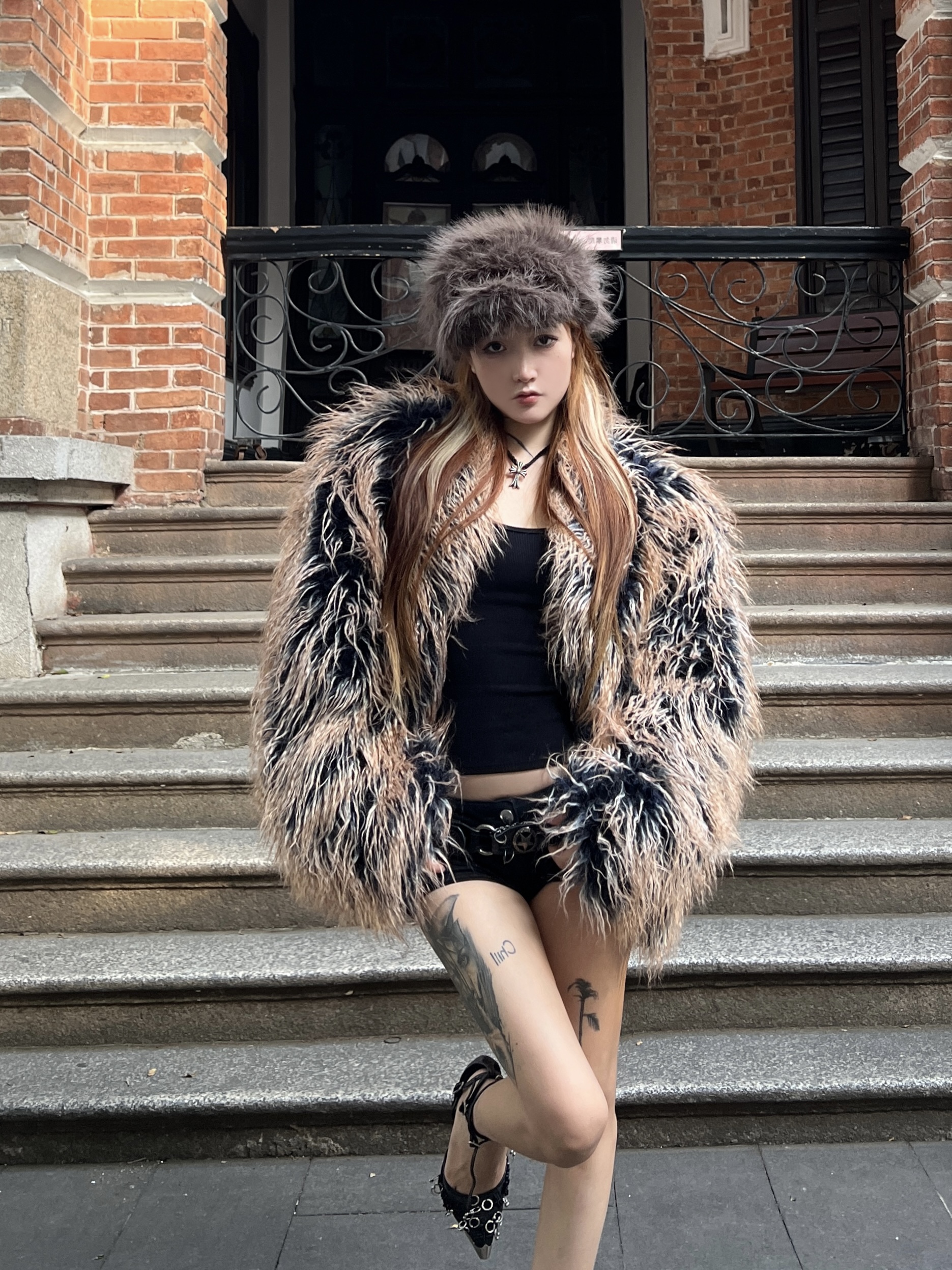 HOT GIRL RETRO SUBCULTURE 모피 타이다이 양고기 모피 양면 모피 코트