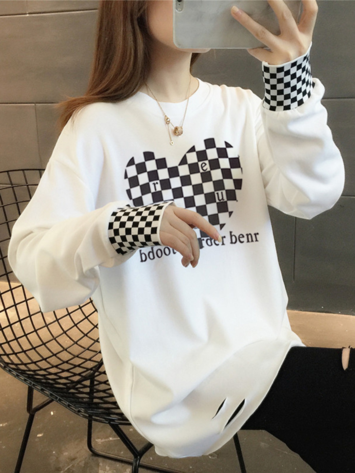 PLUS VELVET | NO VELVET 100% COTTON HOLE MID-LENGTH T-SHIRT WOMENS LARGE SIZE STITCHING LONG-SLEEVED PLAID LOOSE BOTTOMING SHIRT