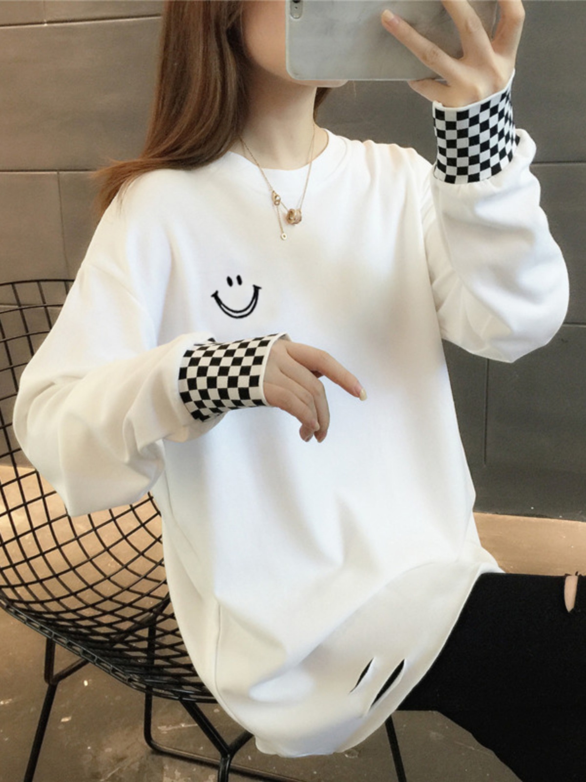 PLUS VELVET | NO VELVET 100% COTTON HOLE MID-LENGTH T-SHIRT WOMENS LARGE SIZE STITCHING LONG-SLEEVED PLAID LOOSE BOTTOMING SHIRT