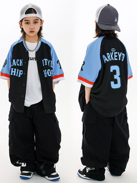 儿童撞色短袖开衫嘻哈街舞棒球服男女童hiphop舞蹈架子鼓表演服装