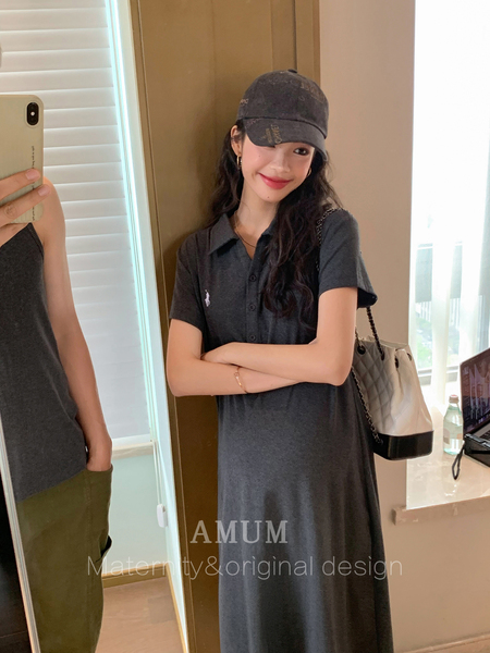 ◆AMUM孕妇装◆高智懒人裙~polo翻领休闲连衣裙显瘦小个子孕妇裙