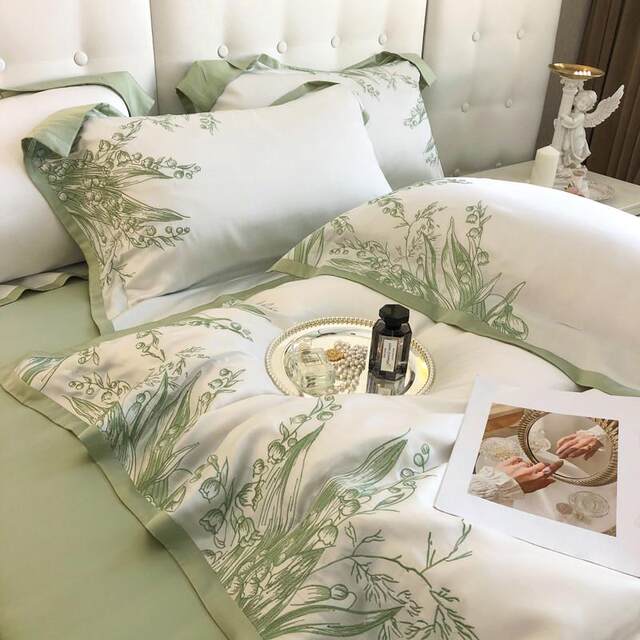 High-end light luxury embroidery 60-piece orchid filament four-piece set naked sleeping sheet summer ice silk fresh bedding