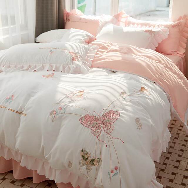 Fairy style four-piece set embroidered princess full cotton pure cotton butterfly quilt cover bed skirt style bed sheets bed fitting style Korean version ins3