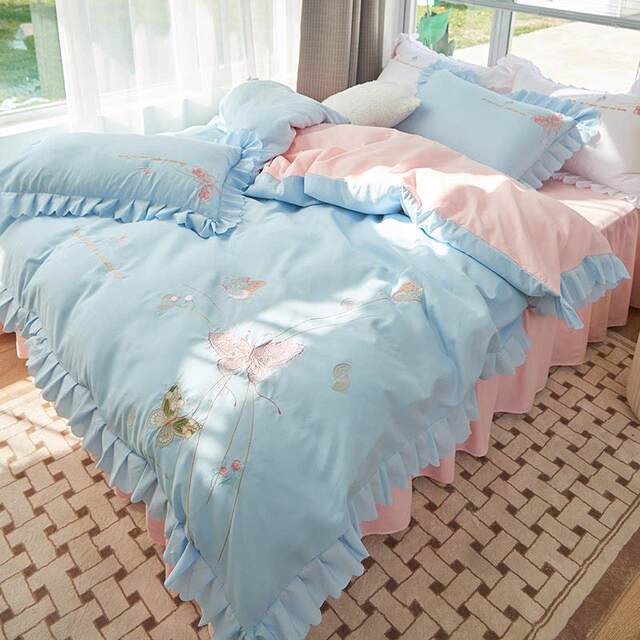 Fairy style four-piece set embroidered princess full cotton pure cotton butterfly quilt cover bed skirt style bed sheets bed fitting style Korean version ins3