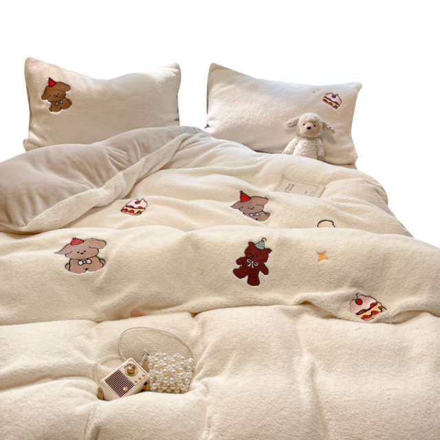 Winter cartoon thickened cashmere four-piece set warm milk velvet embroidered quilt cover cute double-sided velvet girl bed sheet