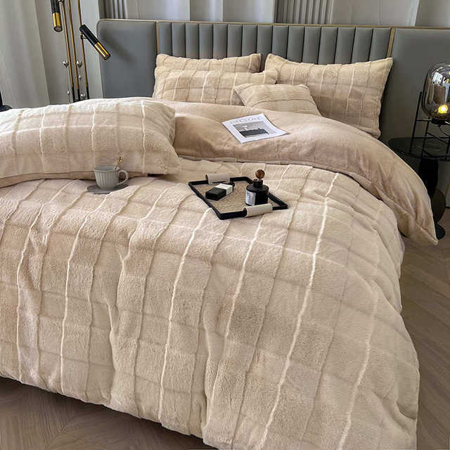 Sera Rabbit Plush Four-Piece Set Milk Fleece Duvet Cover Thickened Warm Winter Bedding Simple Solid Color Bedding Sheet