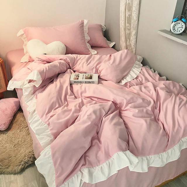 Girls' heart pure pink wash cotton four-piece set princess style lotus leaf lace quilt cover bed sheet bed skirt dormitory three-piece set
