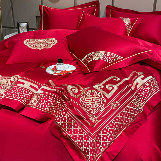 High-end Chinese-style embroidery wedding four-piece set big red cotton sheet quilt cover wedding bedding six-piece set new