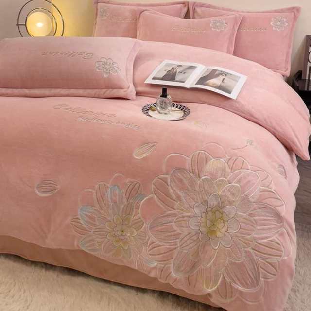 Embroidered winter style thickened milk velvet four-piece set coral velvet bed flannel duvet cover double-sided velvet sheet princess style