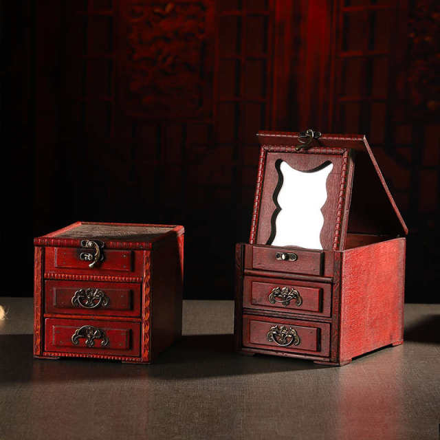 New Chinese retro cosmetic storage box with dressing mirror Chinese style wedding decoration small wooden box necklace jewelry box