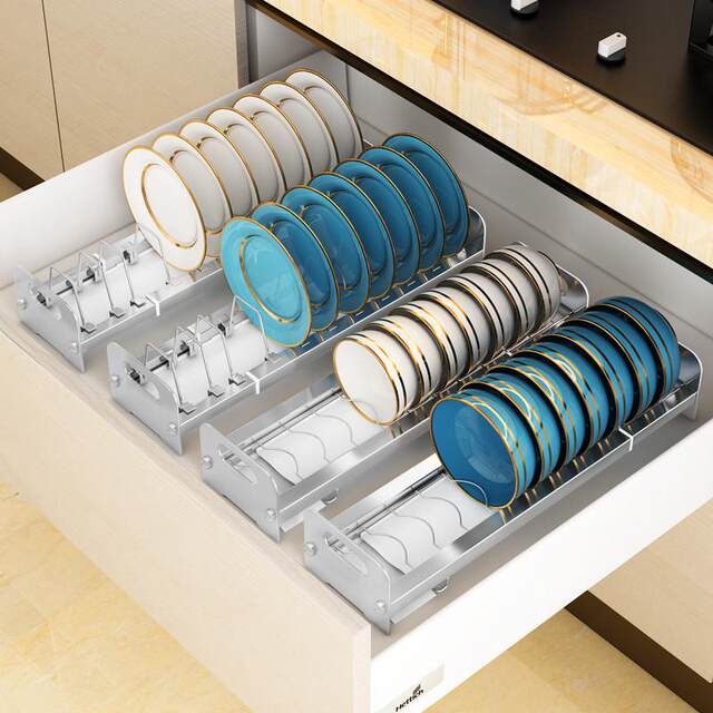 Telescopic kitchen cabinet pull basket drawer type bowl rack 304 stainless steel cabinet small size plate bowl storage rack