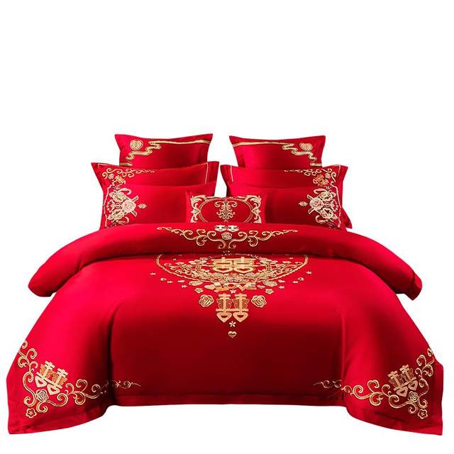 New Chinese wedding four-piece set pure cotton full cotton sheets large B red wedding embroidery dragon and phoenix wedding bed