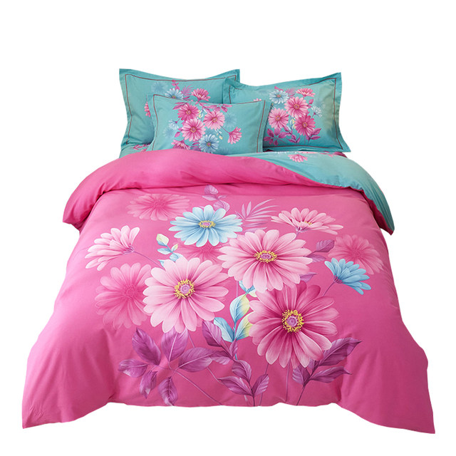 Thickened cotton and flower four-piece set 100 bedding simple autumn and winter grinding S-haired double quilt cover bed sheet 4