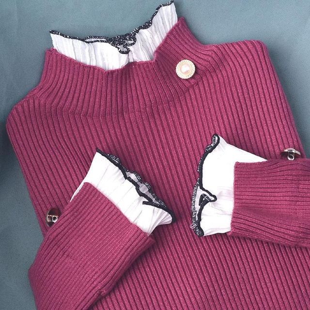 Sweater fake two-piece half-high neck for women in autumn and winter thickened velvet splicing pullover slim fit inside short base knitted sweater