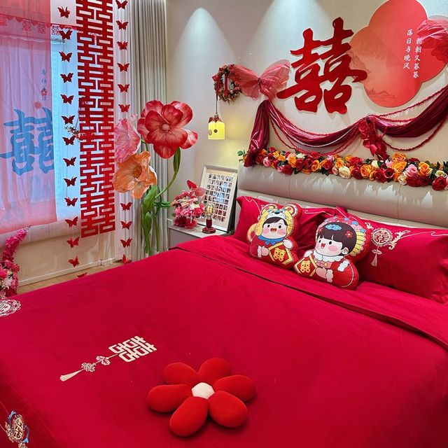 New Chinese style 160 long velvet cotton wedding four-piece set red embroidered quilt cover full cotton pure cotton bed sheet wedding bedding products 4