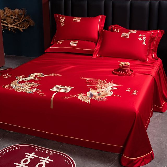 Marriage red bed sheet single piece woman accompanying wedding quilt single pillowcase three piece set dragon and phoenix embroidery for bride