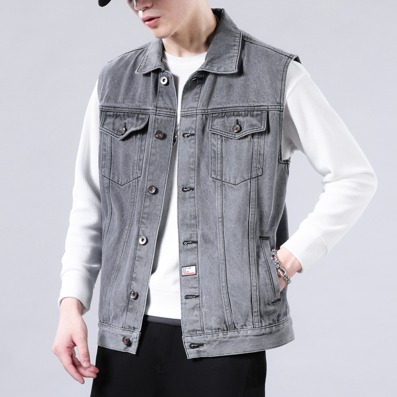 HONG KONG STYLE LAPEL DENIM VEST BOYS NEW SPRING AND AUTUMN OVERALLS JACKET TREND WORN-OUT GRINDING WHITE HORSE CLIP CUT LABEL 9010