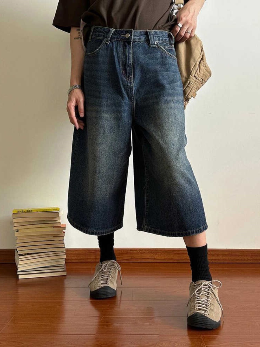 SUMMER AMERICAN RETRO WIDE-LEG DENIM SHORTS MENS WASHED DISTRESSED CROPPED PANTS HIGH STREET LOOSE STRAIGHT-LEG MEDIUM PANTS