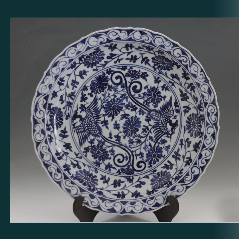 JINGDEZHEN 모조 YONGLE 및 XUANDE 이중 봉황 패턴 파란색과 흰색 도자기 접시 고급 손으로 그린 ????도자기 대형 46 봉황 패턴 도자기 접시