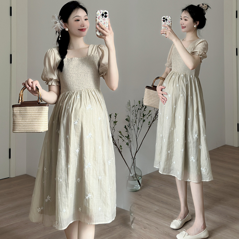 PREGNANT WOMEN SUMMER DRESS SMALL MAN 2024 NEW HIGH WAIST EMBROIDERY TEA BREAK MIDI LENGTH MATERNITY DRESS SUMMER