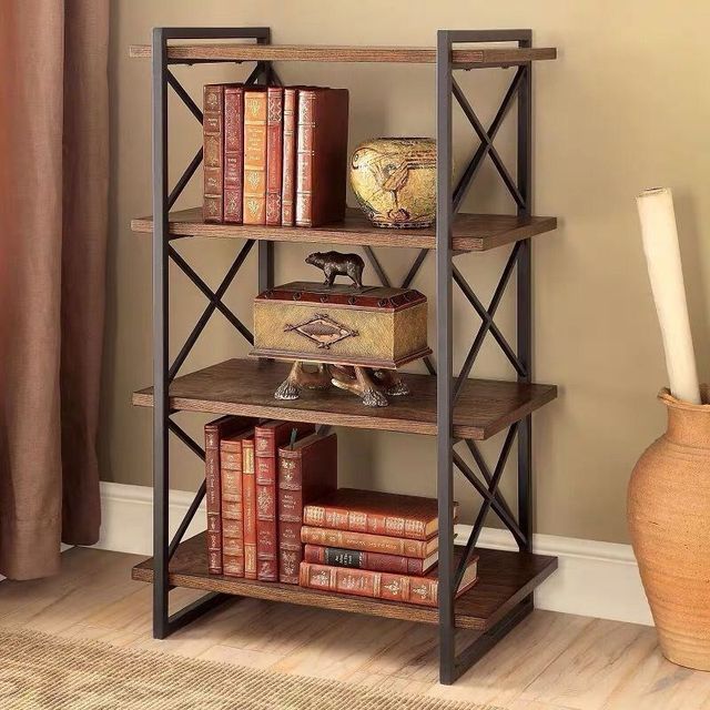 Wrought iron storage rack Living room with subway iron solid wood bookcase partition multi-layer storage household American display rack