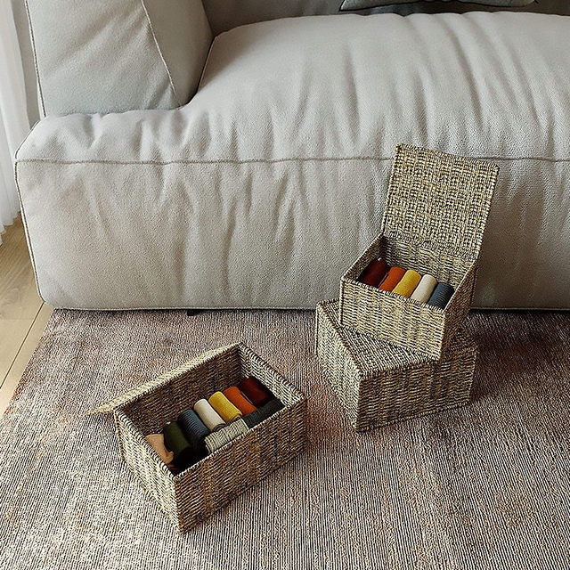 Simple handmade straw woven storage box with lid living room bedroom toys clothes storage box rattan storage basket