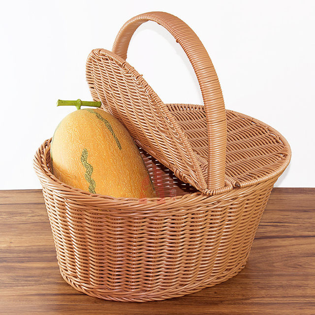 Environmentally friendly PP imitation rattan woven basket with cover cleaning basket food delivery basket fruit basket storage basket washable moisture-proof