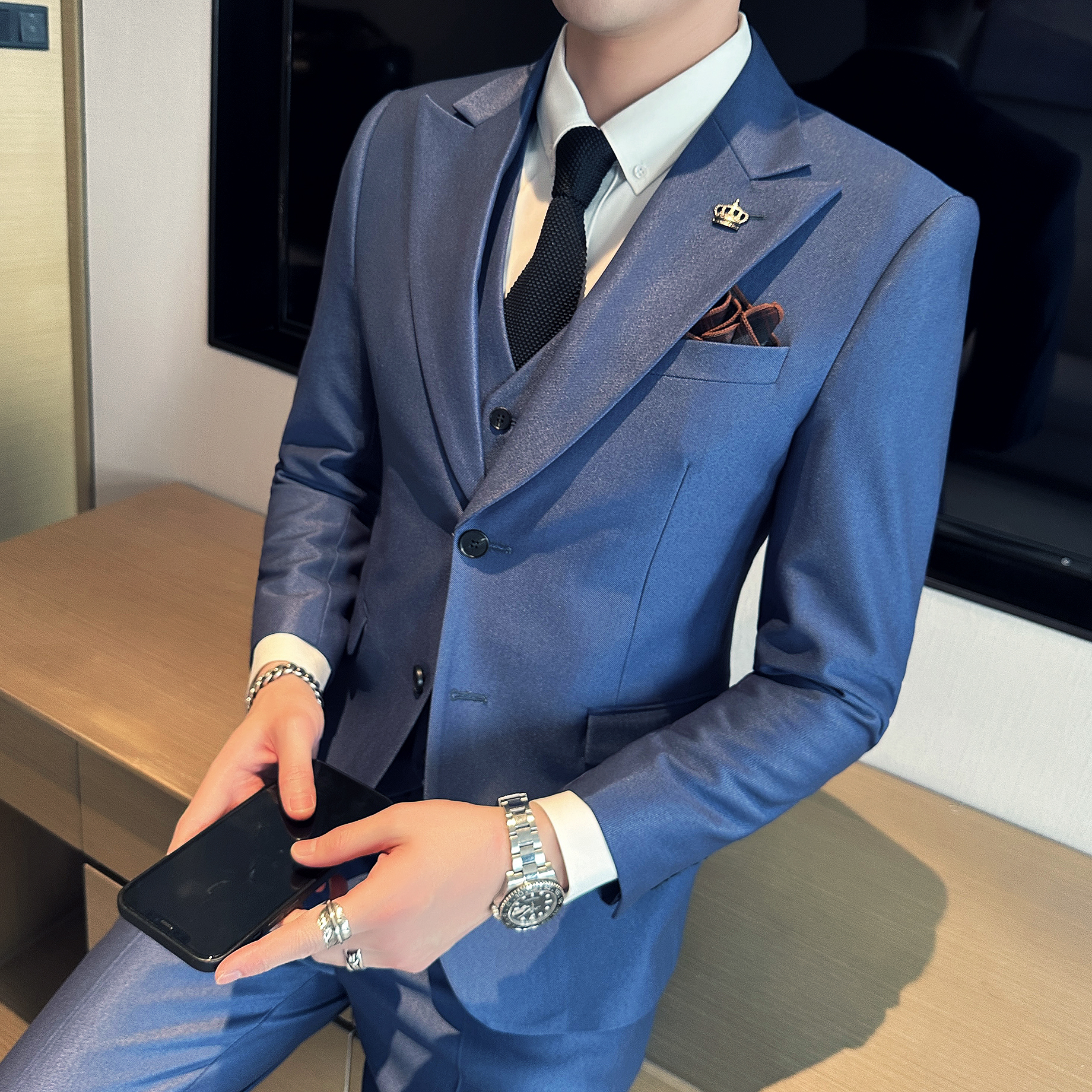 SPRING NEW MENS KOREAN VERSION SLIM DOUBLE-BUTTON SUIT SET STRETCH BUSINESS PROFESSIONAL SUIT SMALL SUIT THREE-PIECE SUIT