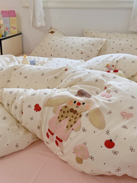 Glutinous Jiji Double Layer Yarn Pure Cotton Four-Piece Set Cartoon Towel Embroidered 100% Full Cotton Quilt Cover Three-Piece Set 1.5-meter Bed Sheet