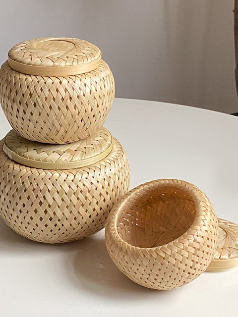 手工竹编茶叶罐圆形双层竹篓子茶点水果干果零食点心竹礼品收纳篮