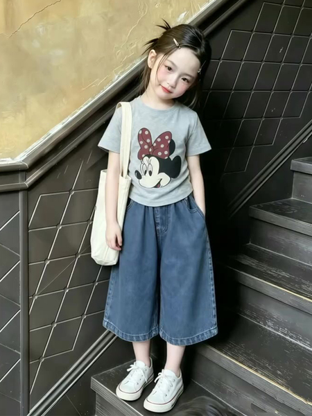 现货童装女童短袖t恤2026夏季新款小女孩超好看灰色卡通百搭上衣