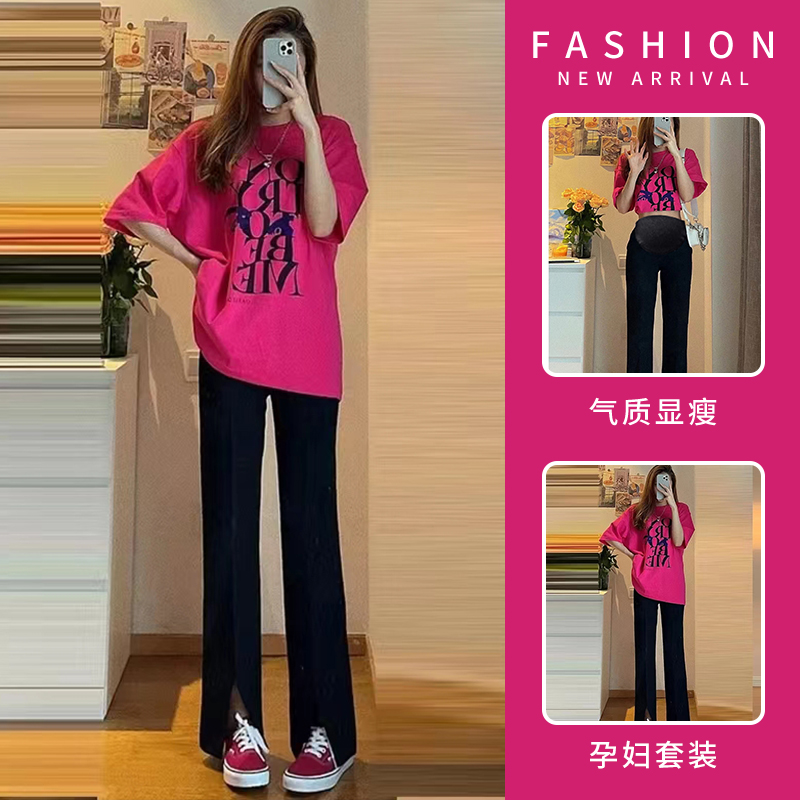 MATERNITY SUIT SUMMER FASHION KOREAN MATERNITY T-SHIRT SUMMER DRESS SHORT-SLEEVED TOP LOOSE CASUAL WIDE-LEG PANTS TWO-PIECE SET