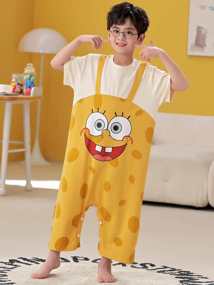 SUMMER NEW COTTON BOYS PAJAMAS CUTE CARTOON JINGLE BELL ONE-PIECE SKIRT SHORT SLEEVE MEDIUM AND BIG CHILDRENS LOUNGEWEAR SET