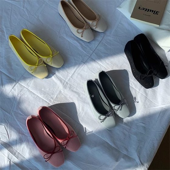 MUSI 温柔晚晚鞋女鞋子2025春季新款方头蝴蝶结内增高芭蕾舞单鞋