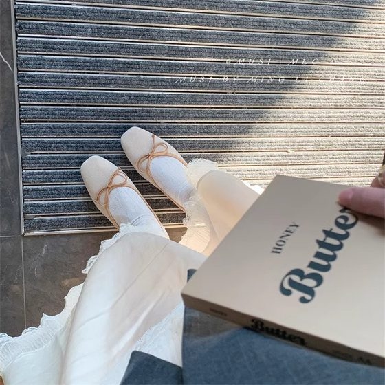 MUSI 温柔晚晚鞋女鞋子2025春季新款方头蝴蝶结内增高芭蕾舞单鞋