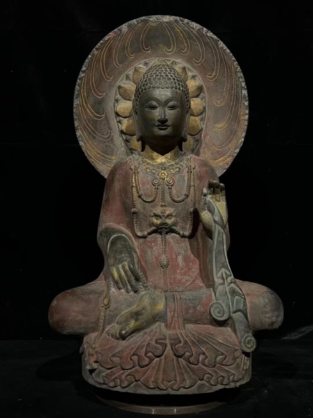 青石石雕释迦牟尼佛背光佛精美彩绘手工雕刻佛像观音摆件