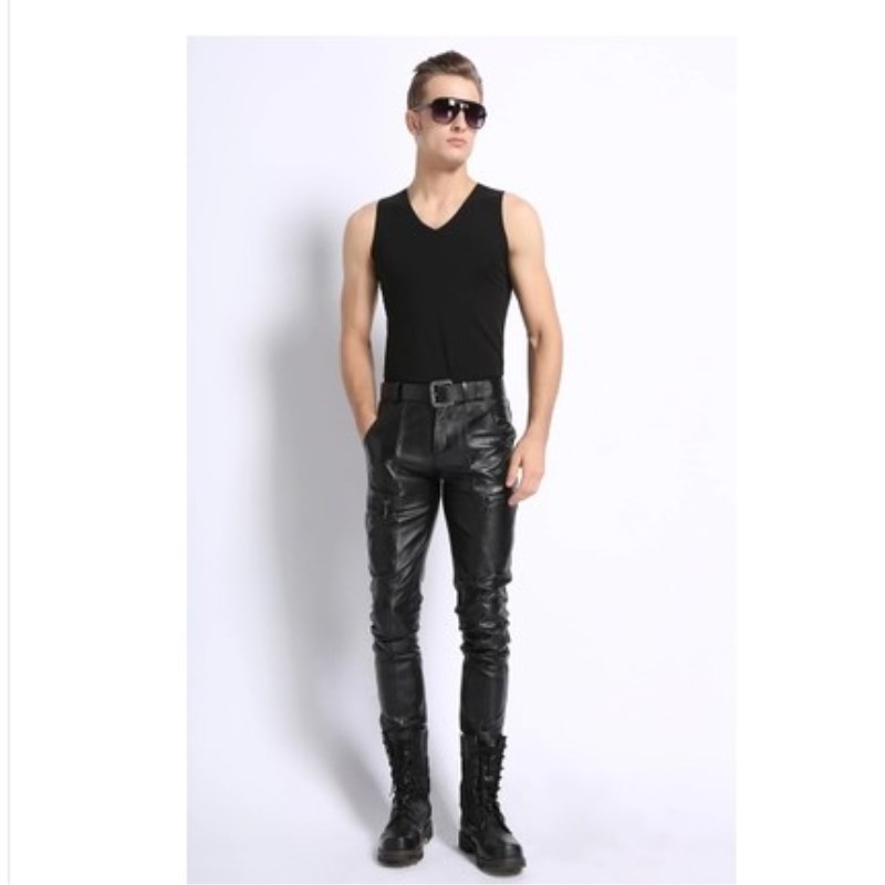 MENS LEATHER LEATHER PANTS SHEEPSKIN MOTORCYCLE MOTORCYCLE KOREAN SLIM FIT WARM LOOSE HIGH WAIST PLUS SIZE AUTUMN WINTER HENIN